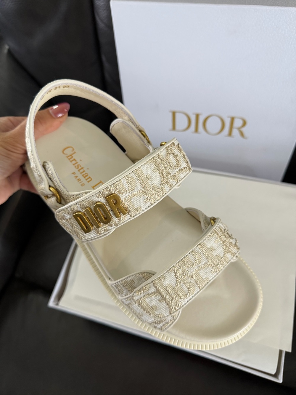 Dior Cream Logo Canvas Adjustable Strap Sandals with Gold DIOR Hardware - Picture 2 of 3